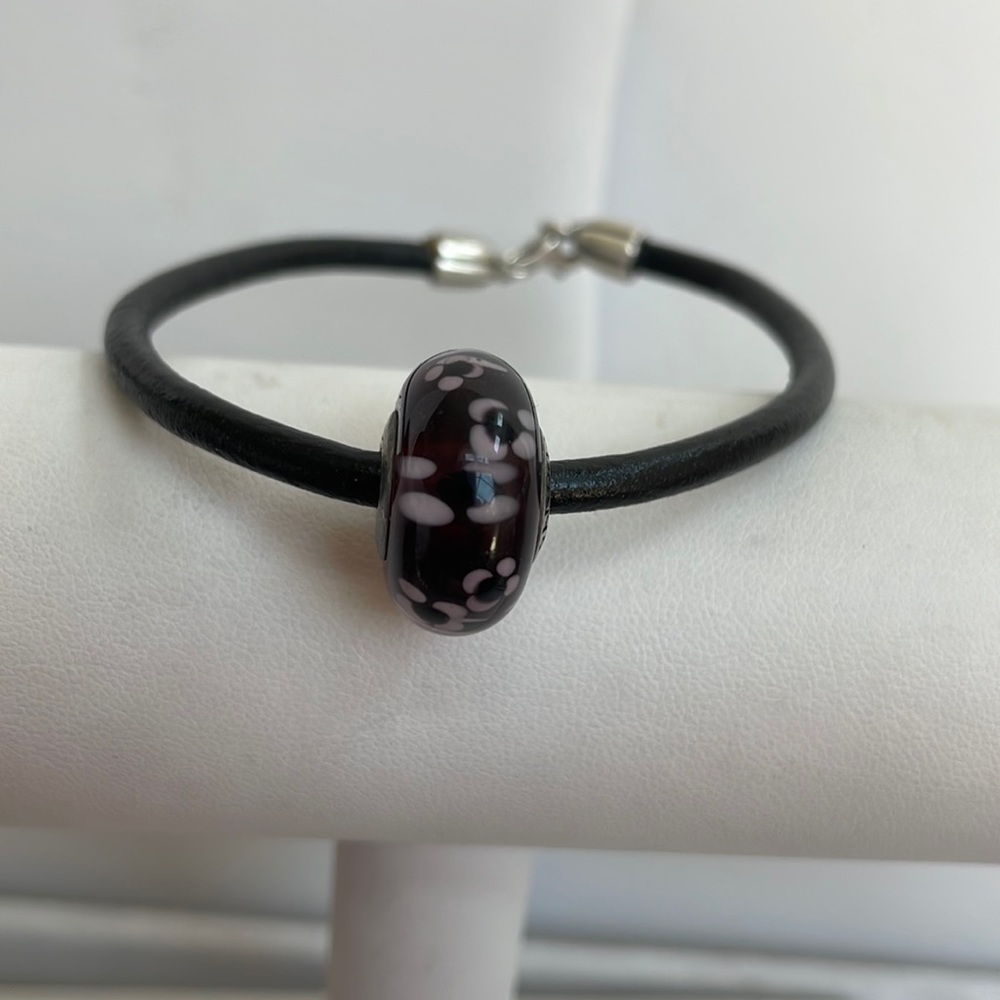 Pandora Black Leather Purple Murano Glass Bead Bracelet